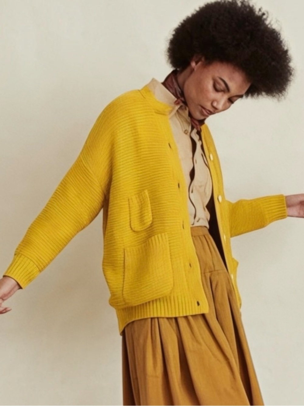 A Cup Of Jo x Alex Mill Reading Cardigan Sweater Mustard Yellow XS Cotton Chunky